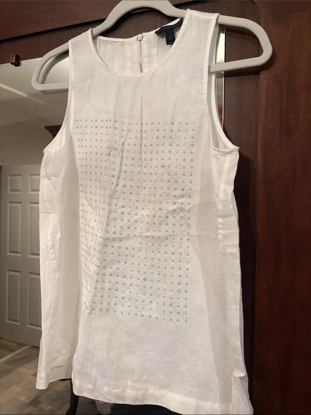 J Crew Sleeveless White Embellished Linen Top